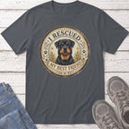 Rottweiler graphic on a t-shirt reading "I RESCUED MY BEST FRIEND".