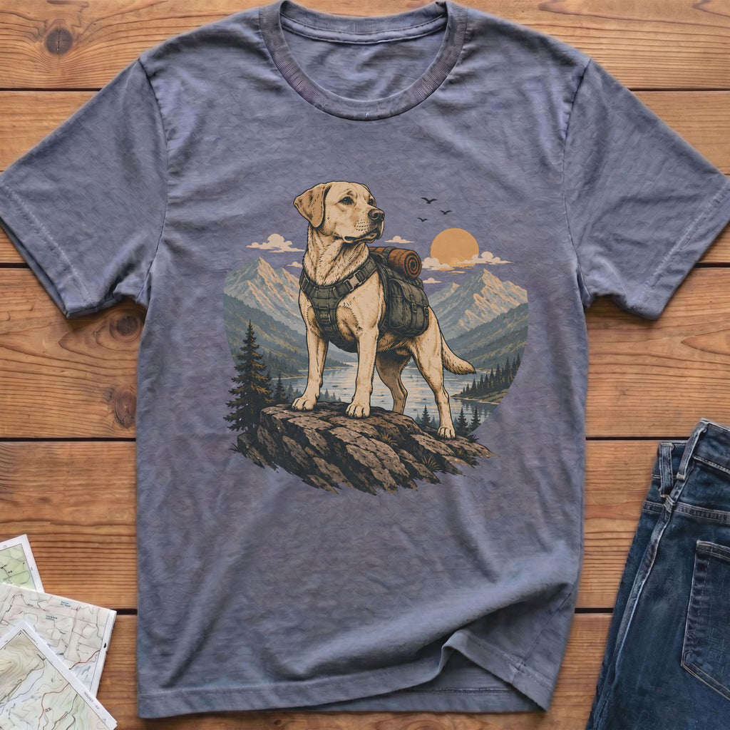 Yellow lab wearing a backpack stands on rock overlooking mountains, lake, and sun.
