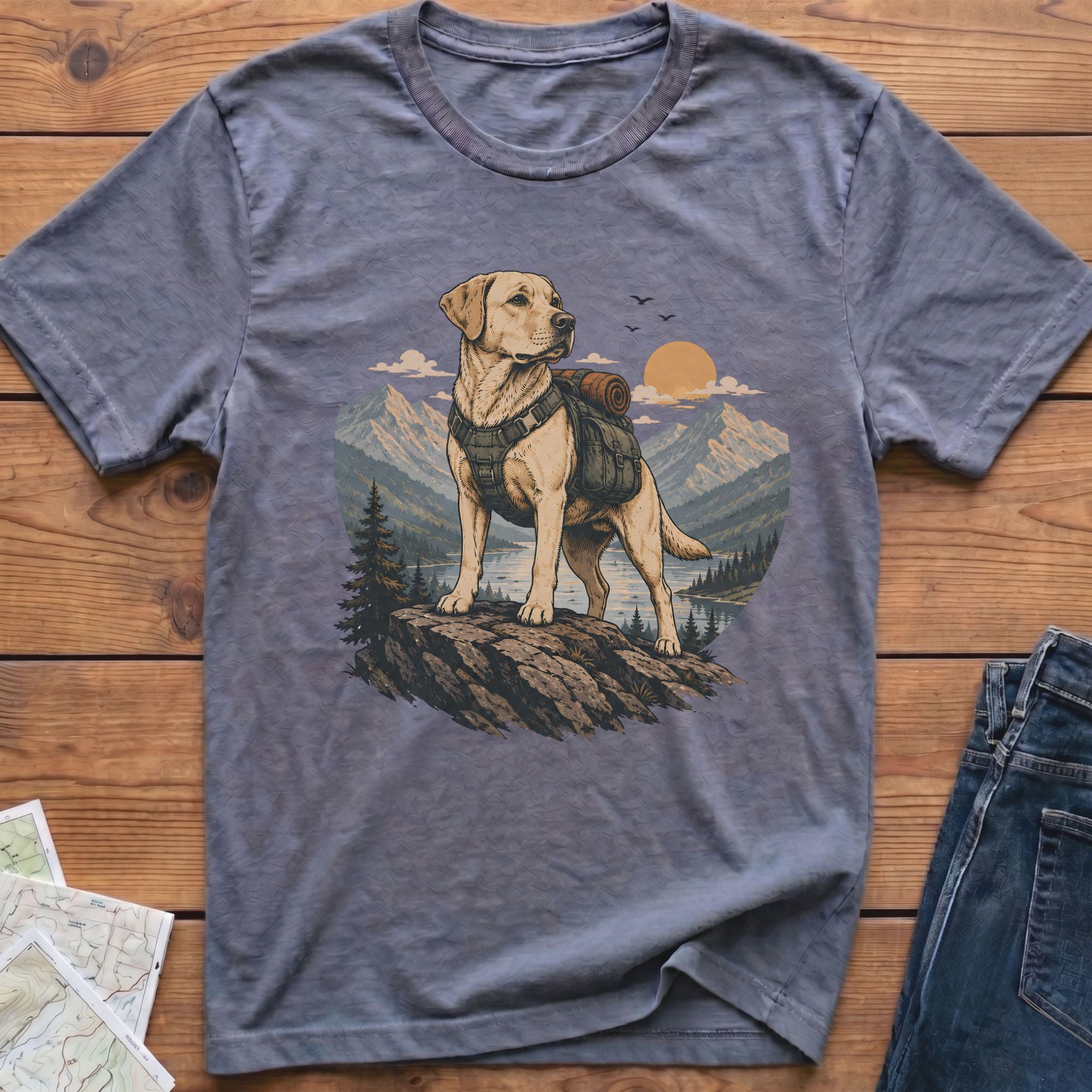 Yellow lab wearing a backpack stands on rock overlooking mountains, lake, and sun.