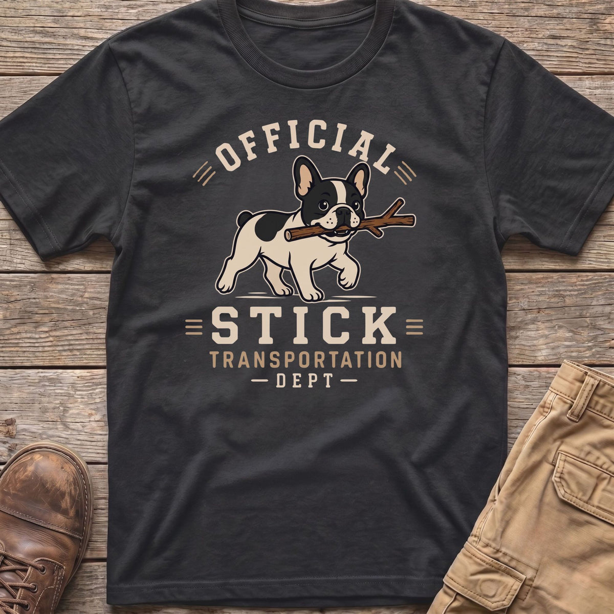 French bulldog carrying stick with text "Official Stick Transportation - Dept -"