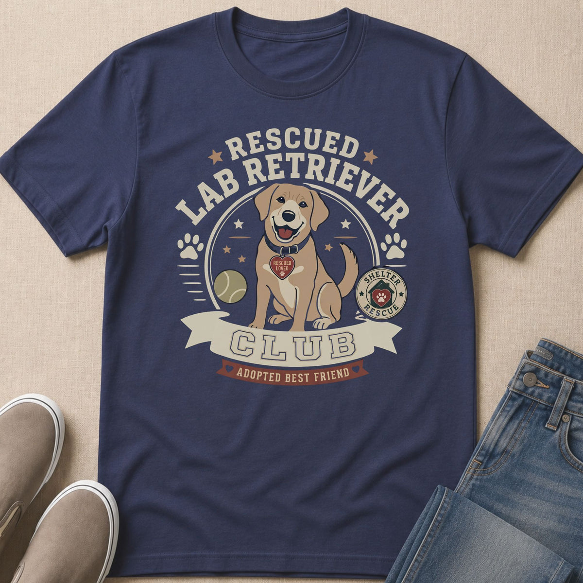 Lab Retriever Club graphic with a dog, tennis ball, and text on a navy t-shirt.