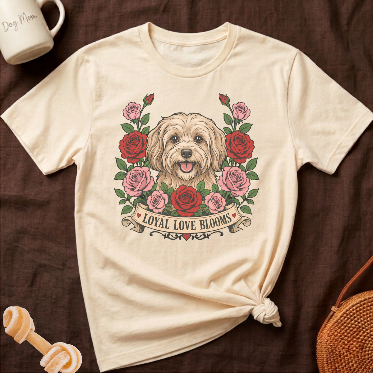 Cream t-shirt with dog and roses graphic, reading "Loyal Love Blooms."