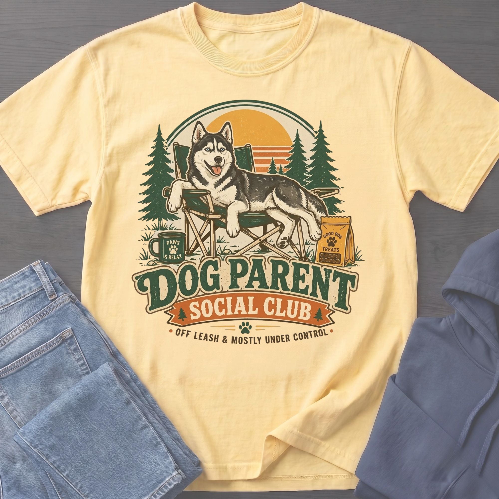 Yellow t-shirt with a husky dog relaxing in a camping chair and text "Dog Parent Social Club."