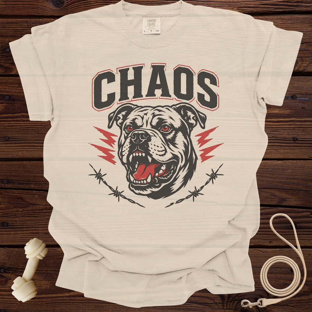 T-shirt with "CHAOS" text and a fierce bulldog graphic.