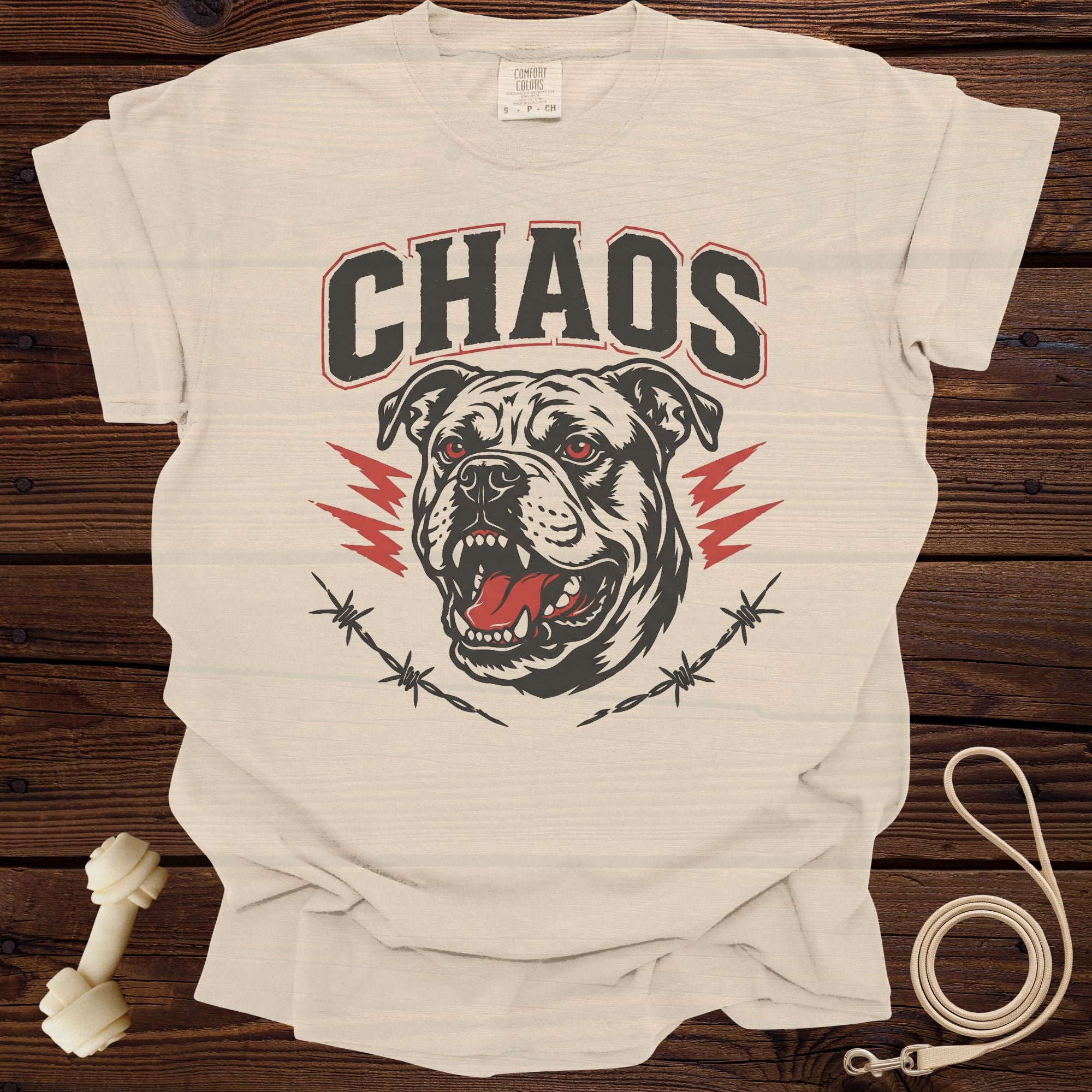 T-shirt with "CHAOS" text and a fierce bulldog graphic.
