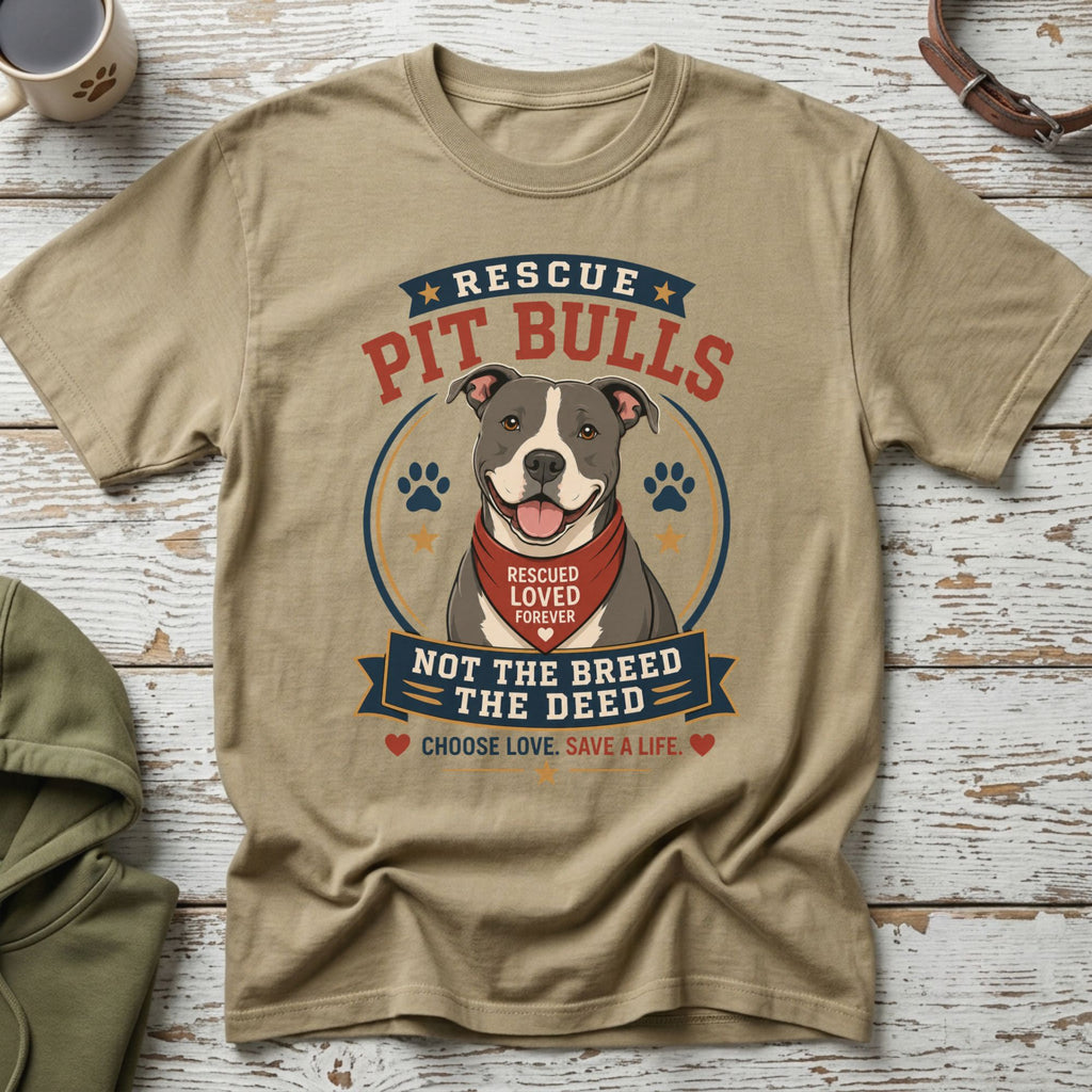 T-shirt with graphic of pit bull wearing bandana, "Rescue Pit Bulls" and "Choose Love. Save a Life."