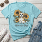 Light blue t-shirt with Shih Tzu, sunflowers, and text "You Are My Sunshine Pup".