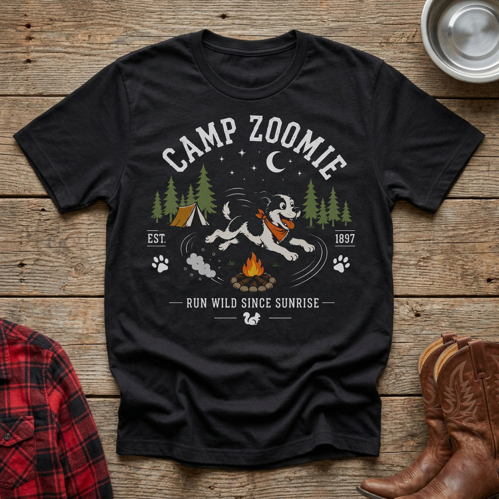 Black t-shirt with "CAMP ZOOMIE" graphic and a dog running by a campfire.