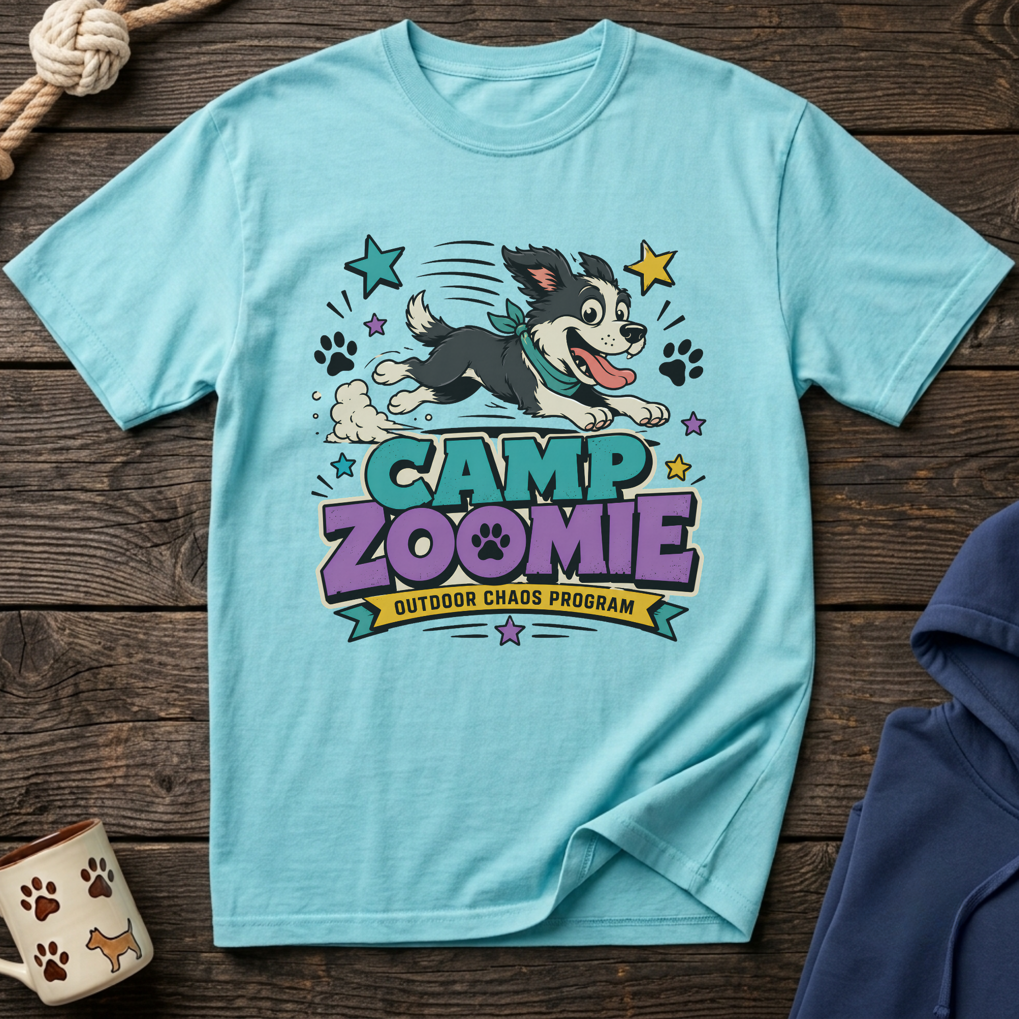 Light blue t-shirt with cartoon dog and "Camp Zoomie Outdoor Chaos Program" text.