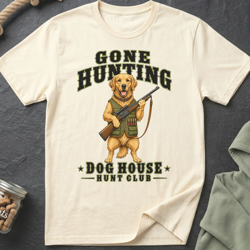 Golden retriever wearing hunting vest holds rifle, text reads "Gone Hunting Dog House Hunt Club".