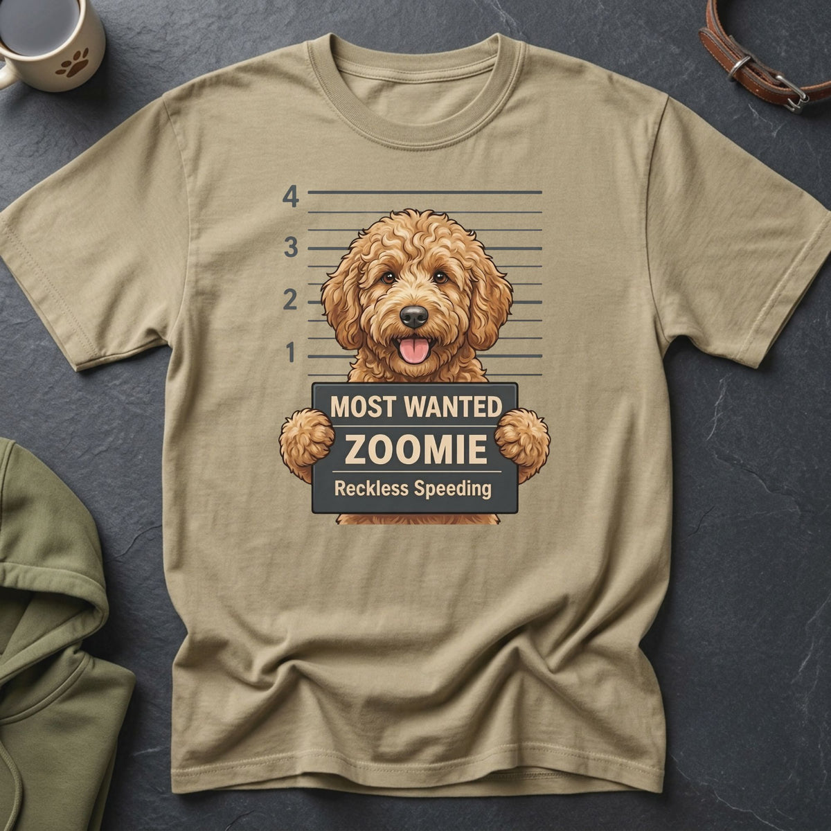 Tan t-shirt with a goldendoodle mugshot graphic, text reads "Most Wanted Zoomie Reckless Speeding".