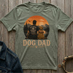 Olive green t-shirt with "Dog Dad" and graphic of man and dog.