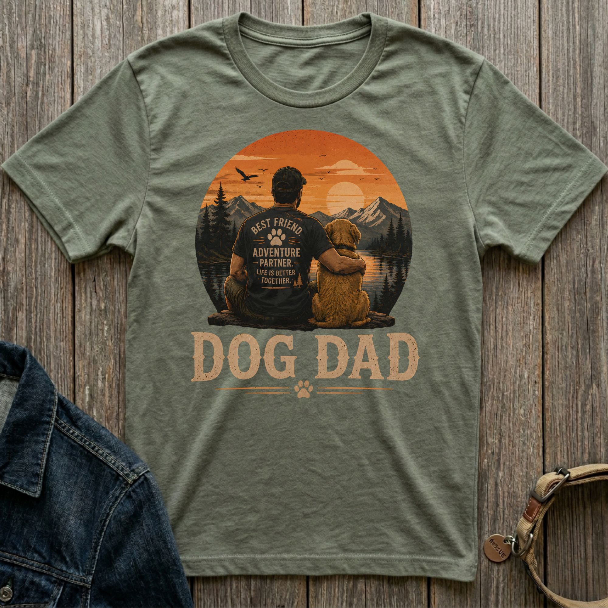 Olive green t-shirt with "Dog Dad" and graphic of man and dog.