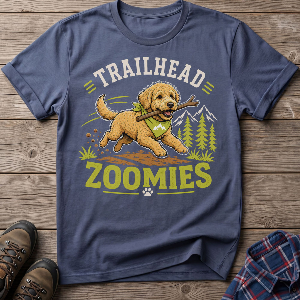 T-shirt graphic with dog running, "Trailhead Zoomies," mountains, and trees.