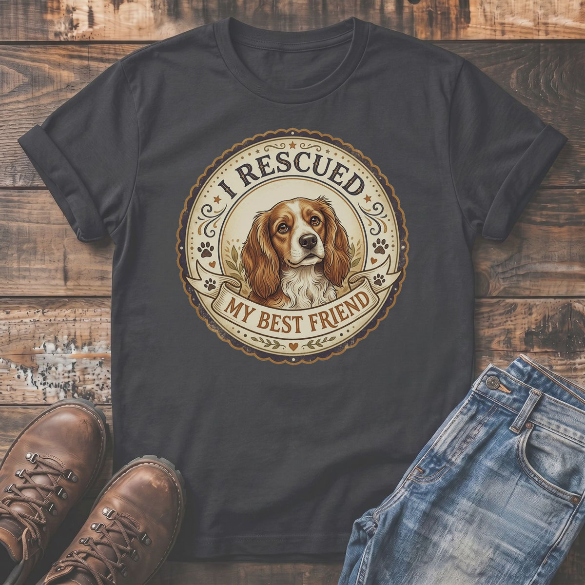Dark grey t-shirt with "I Rescued My Best Friend" text and dog portrait graphic.