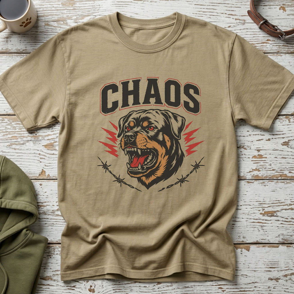 Tan t-shirt with "CHAOS" text and a Rottweiler head graphic.