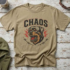 Tan t-shirt with "CHAOS" text and a Rottweiler head graphic.
