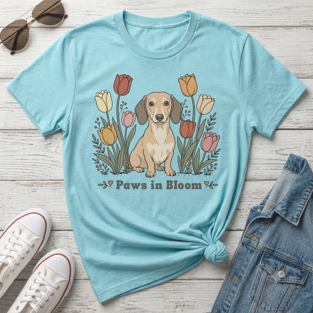 Light blue t-shirt with a dachshund and tulips graphic that reads "Paws in Bloom".