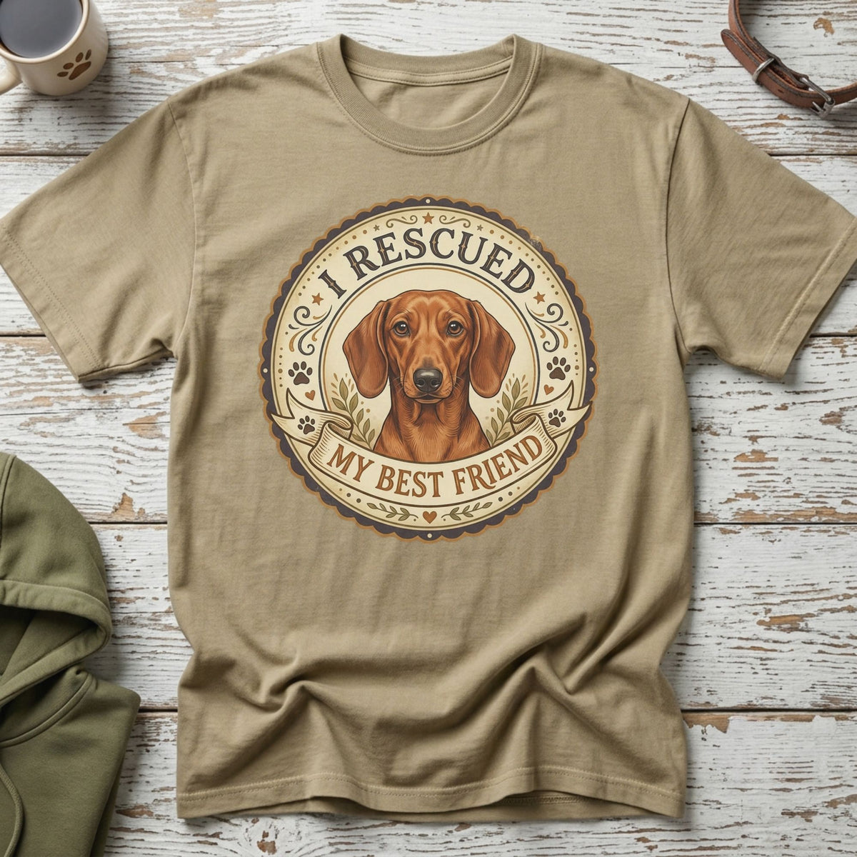 T-shirt with a dachshund graphic and text "I RESCUED MY BEST FRIEND".