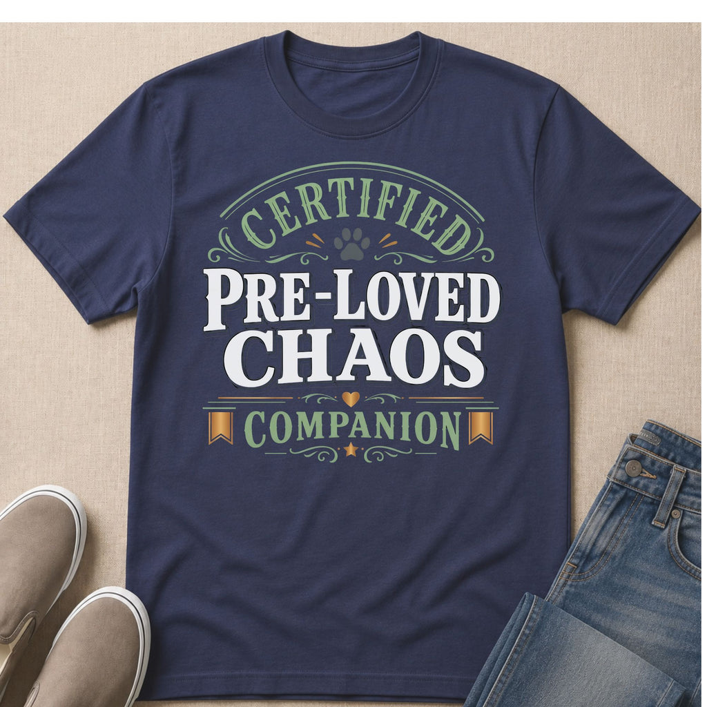 Navy t-shirt with text "CERTIFIED PRE-LOVED CHAOS COMPANION" and a paw print.