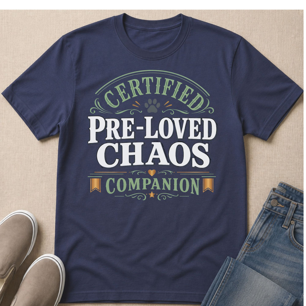 Navy t-shirt with text "CERTIFIED PRE-LOVED CHAOS COMPANION" and a paw print.