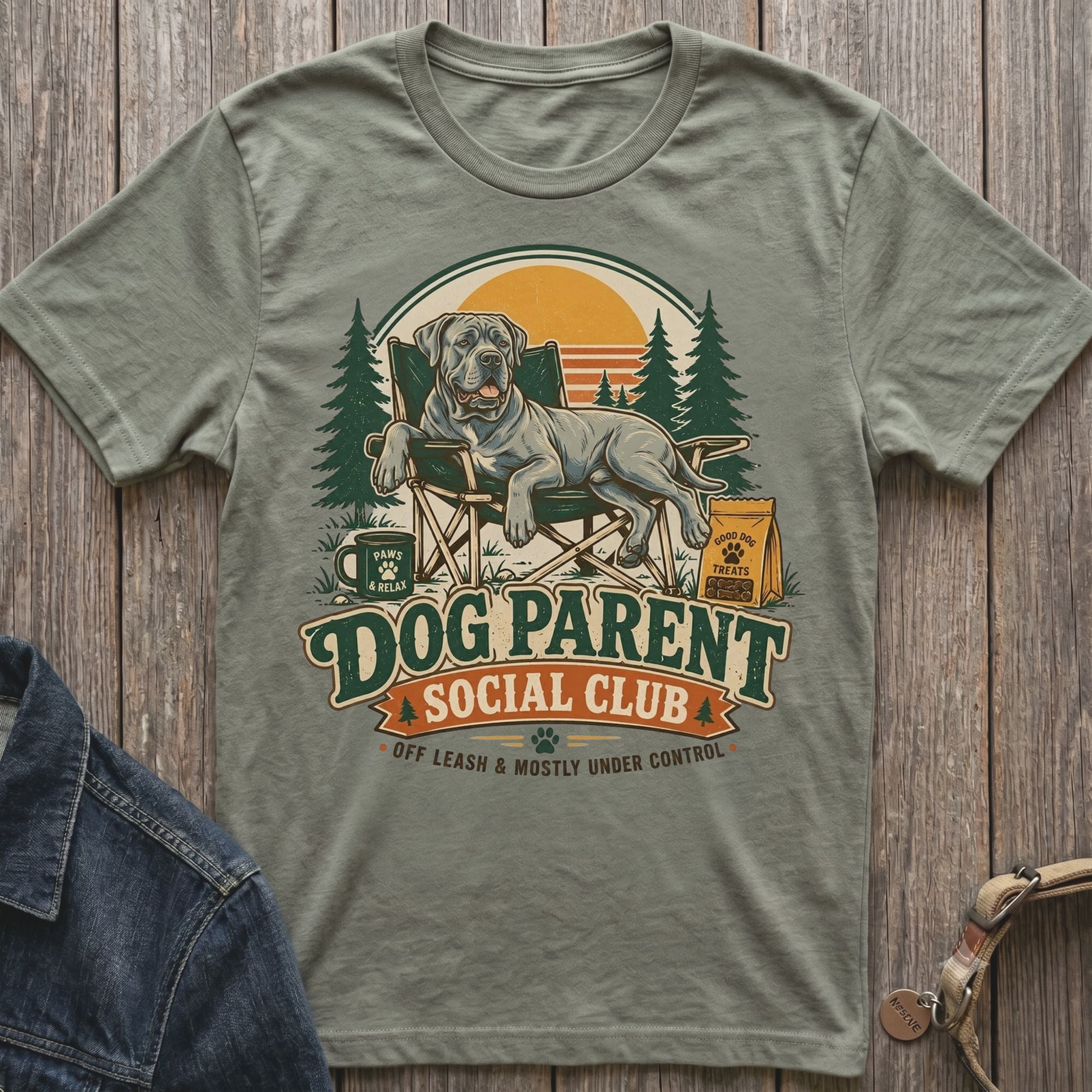 Grey t-shirt with "Dog Parent Social Club" text and illustrated dog in a camping setting.