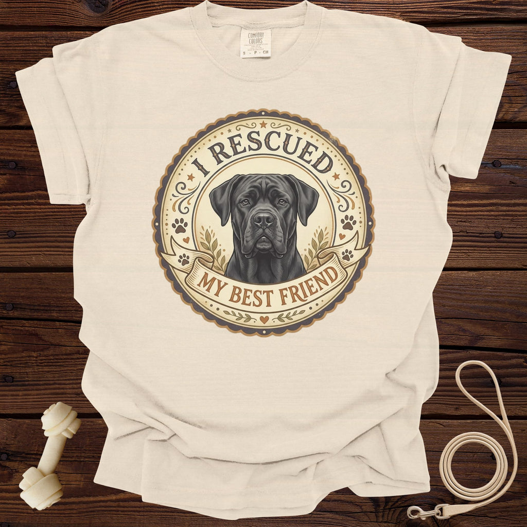 Cream t-shirt with a Cane Corso dog graphic and "I RESCUED MY BEST FRIEND" text.