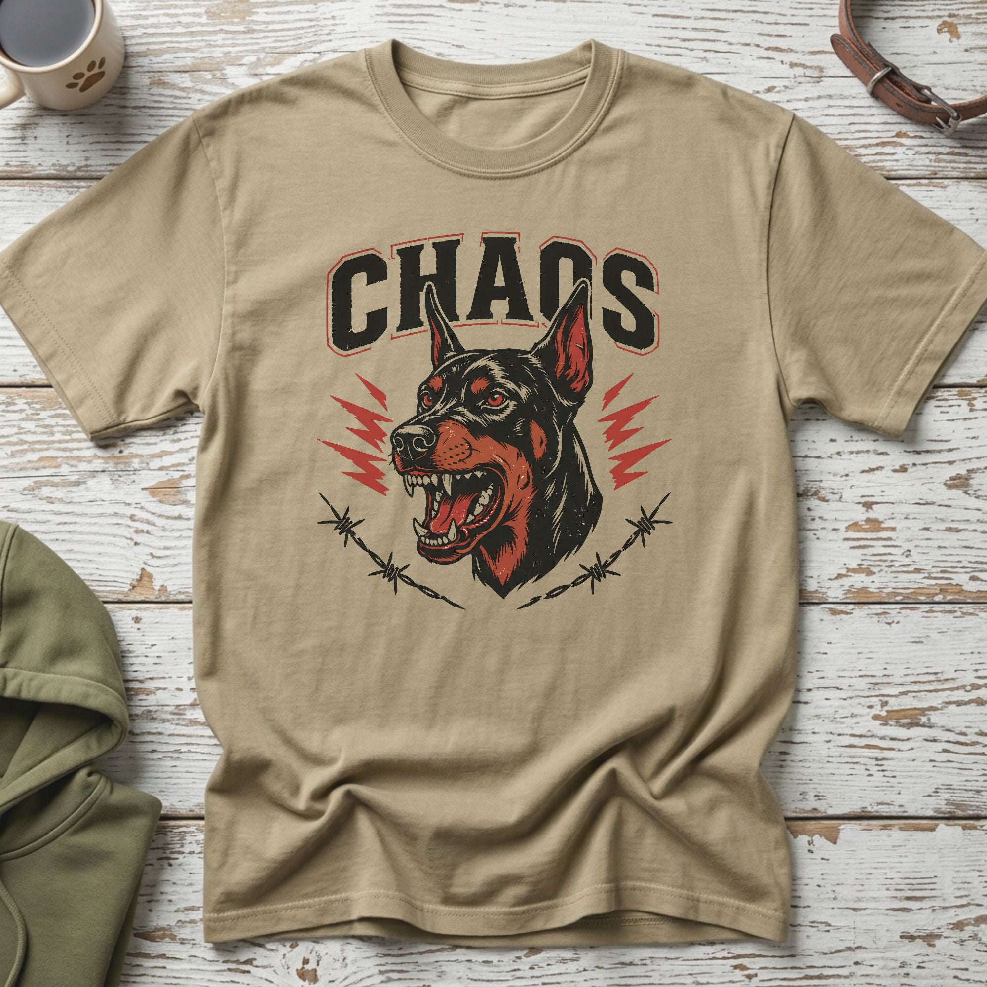 T-shirt with a distressed graphic of a snarling Doberman head and the word "CHAOS".