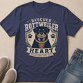 Navy t-shirt with "Rescued Rottweiler Heart" graphic and dog tag.