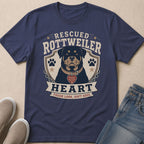 Navy t-shirt with "Rescued Rottweiler Heart" graphic and dog tag.