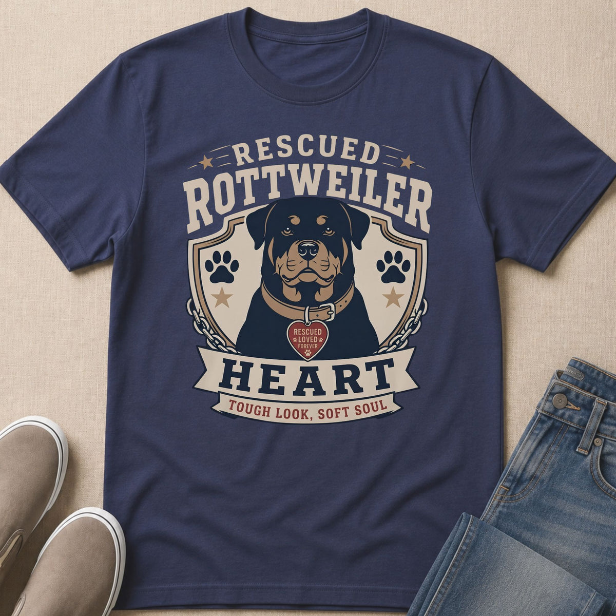 Navy t-shirt with "Rescued Rottweiler Heart" graphic and dog tag.