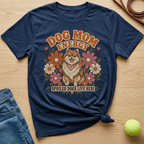 Navy t-shirt with a dog, flowers, and text "Dog Mom Energy".