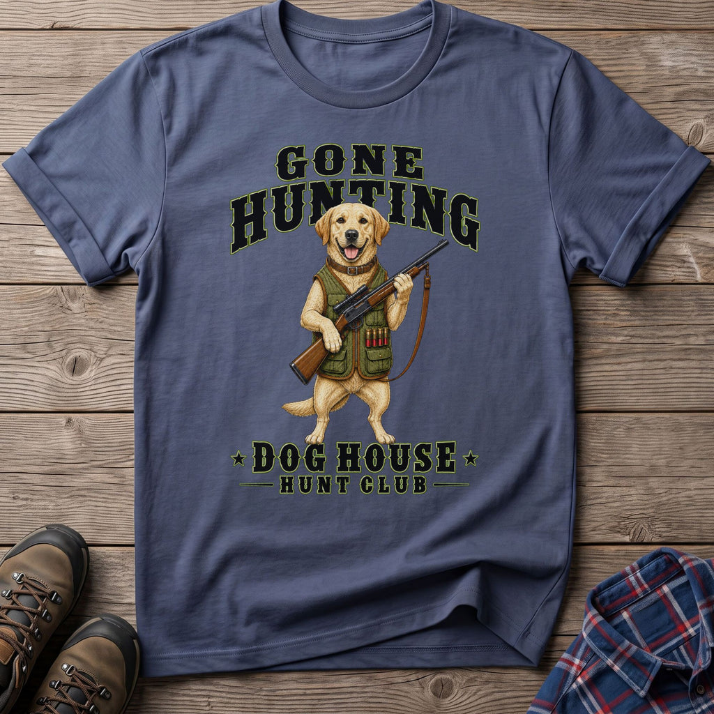 T-shirt with Labrador holding a rifle and "Gone Hunting Dog House Hunt Club" text.