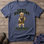 T-shirt with Labrador holding a rifle and "Gone Hunting Dog House Hunt Club" text.