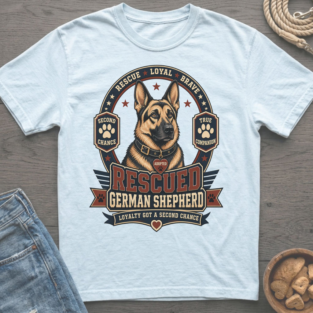 Rescued German Shepherd graphic with text "Rescue Loyal Brave" and "Loyalty Got a Second Chance".