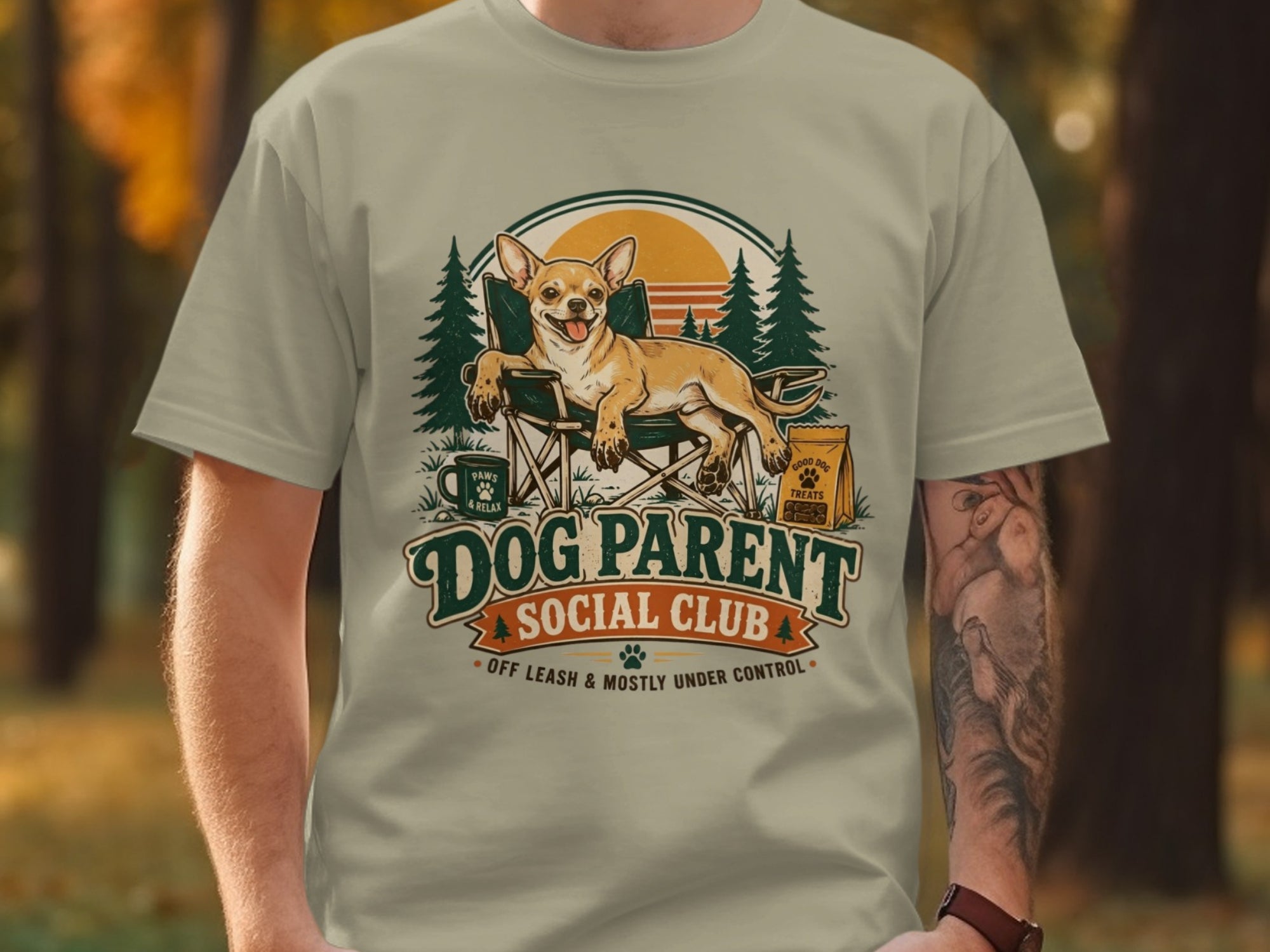 Chihuahua relaxing in a camping chair with text "Dog Parent Social Club".