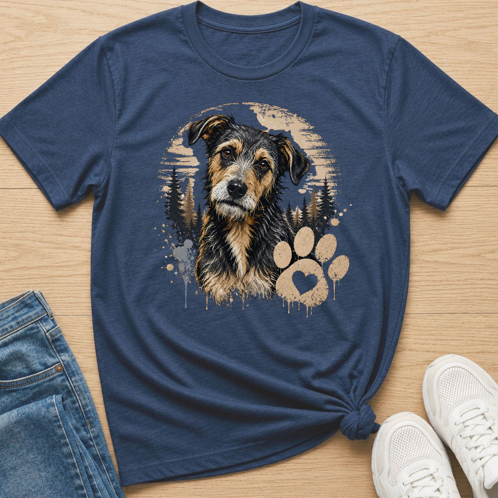 T-shirt with a dog portrait, forest, and paw print with a heart.