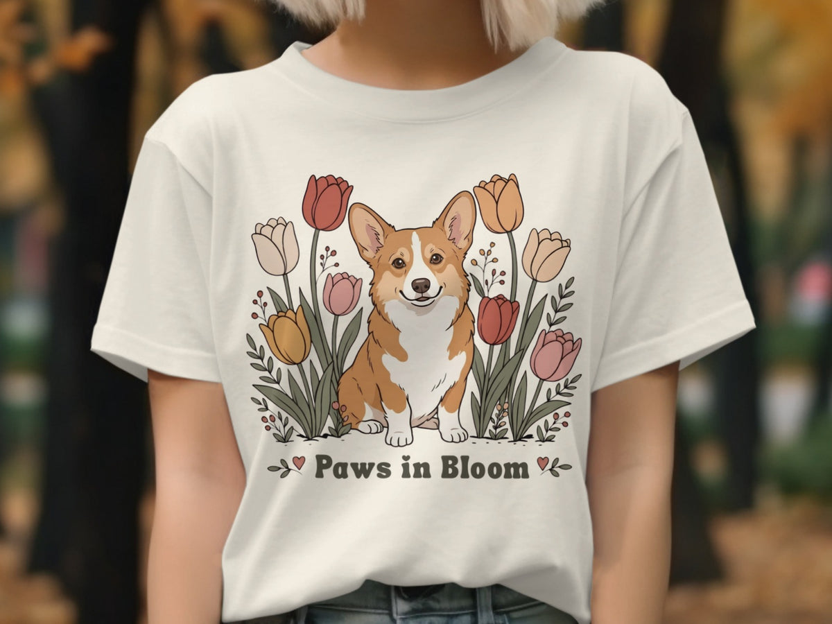 Cream t-shirt with a corgi sitting among colorful tulips and "Paws in Bloom" text.