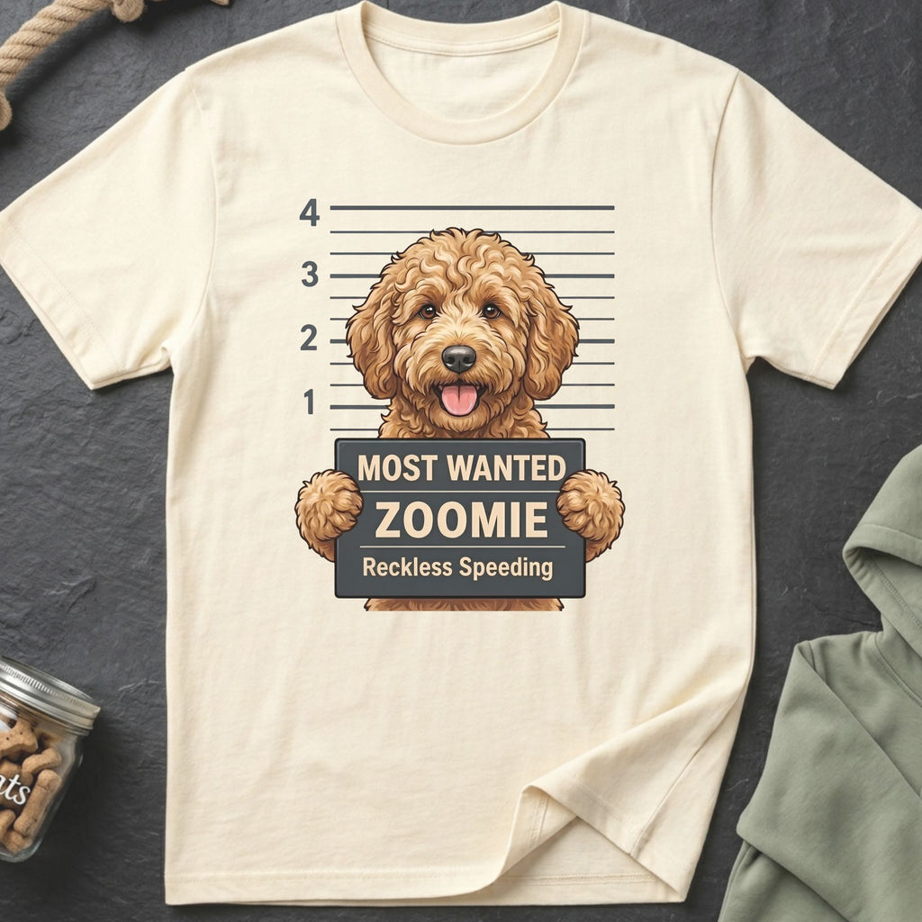Goldendoodle mugshot graphic with text "Most Wanted Zoomie Reckless Speeding".