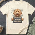 Goldendoodle mugshot graphic with text "Most Wanted Zoomie Reckless Speeding".