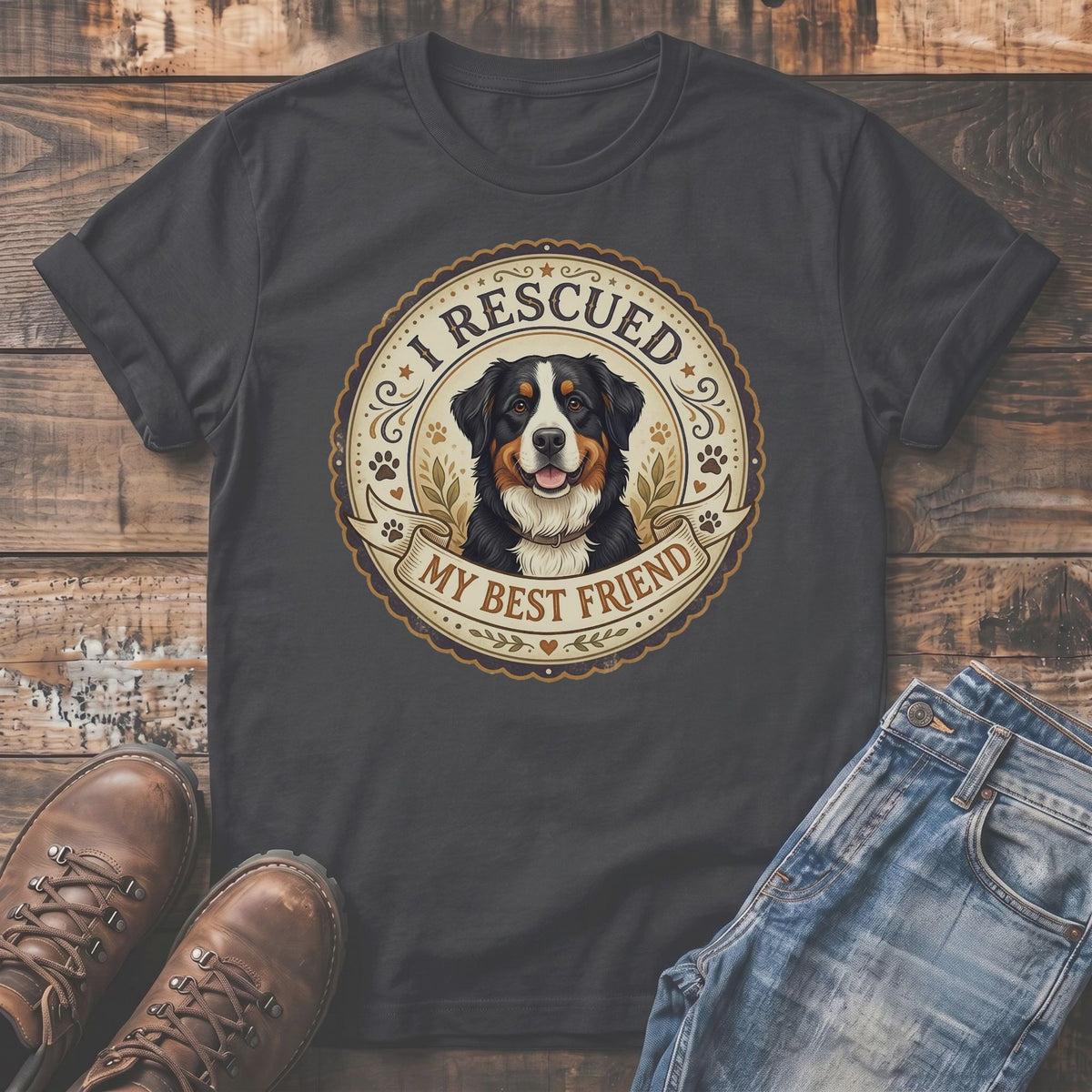 Dark grey t-shirt with Bernese Mountain Dog graphic and text "I Rescued My Best Friend".