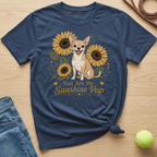 Navy t-shirt with a tan chihuahua and sunflowers, reads "You Are My Sunshine Pup."