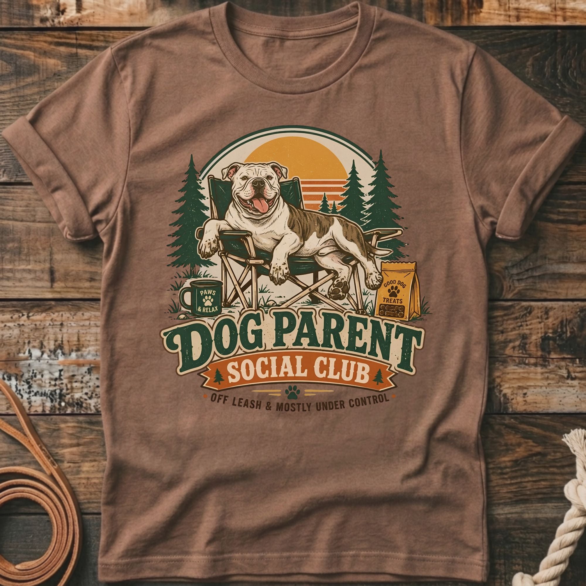 Pit bull relaxing in a chair with "Dog Parent Social Club" text.