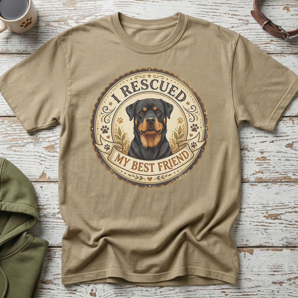 T-shirt with a Rottweiler graphic and text "I Rescued My Best Friend."