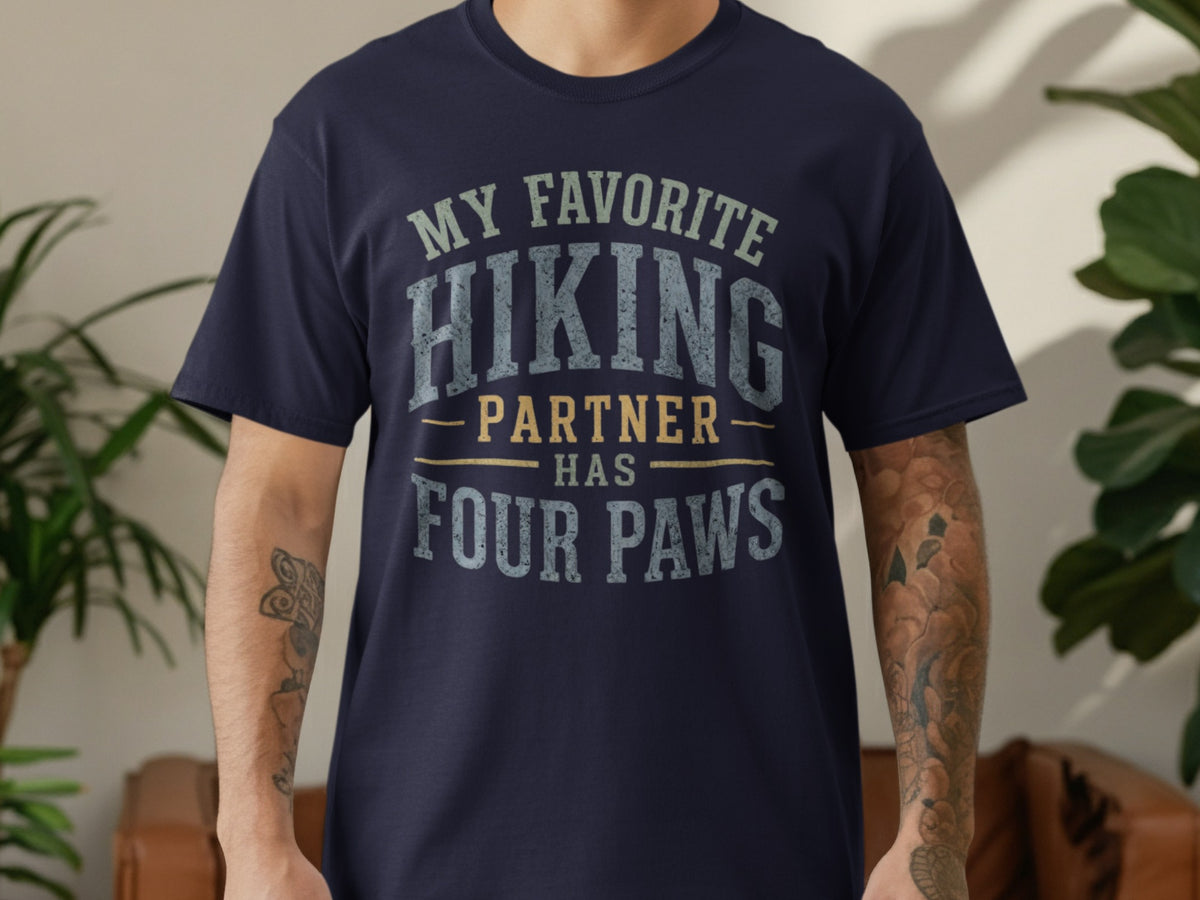 Navy t-shirt with text "My Favorite Hiking Partner Has Four Paws".