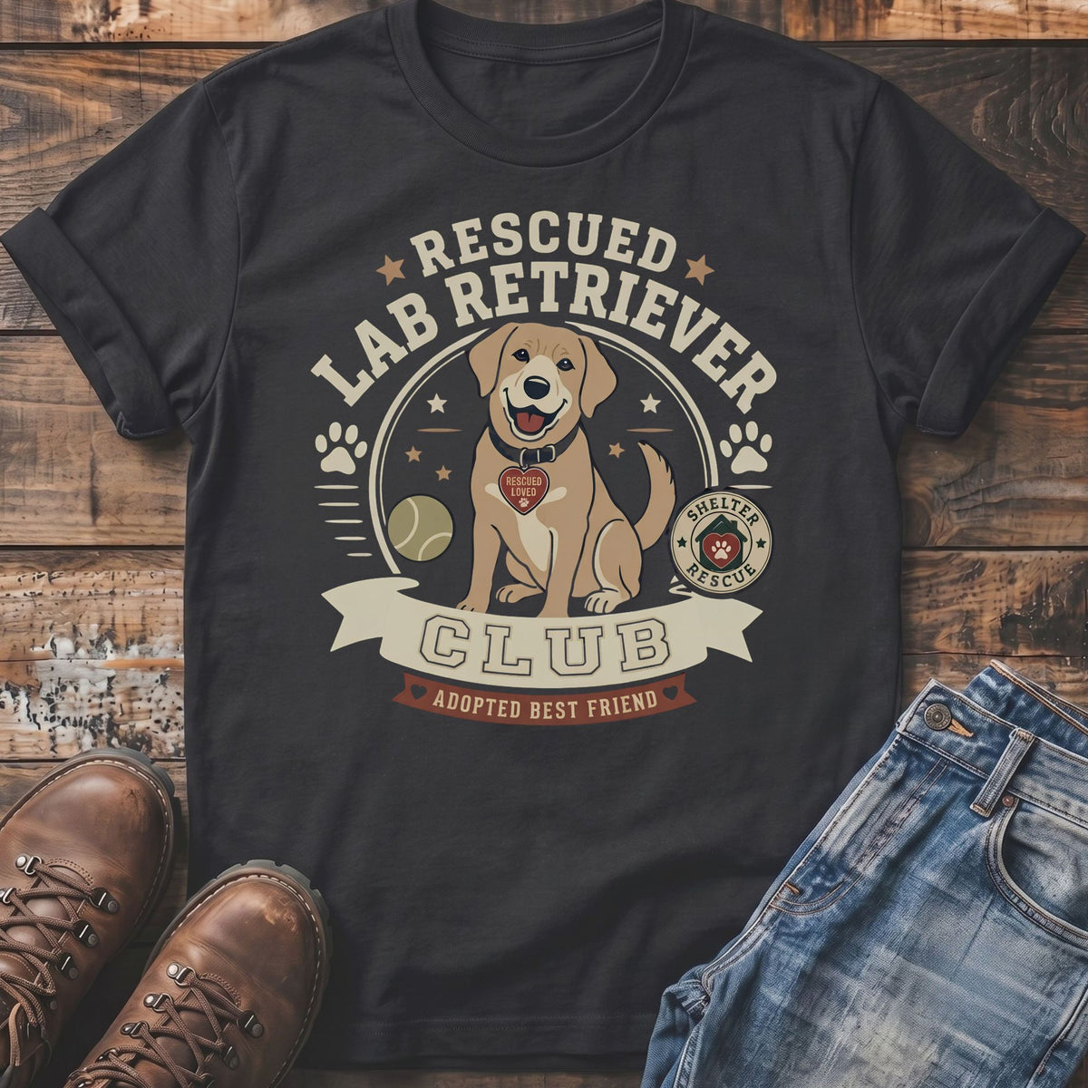 T-shirt with "Rescued Lab Retriever Club" text and a cartoon dog graphic.