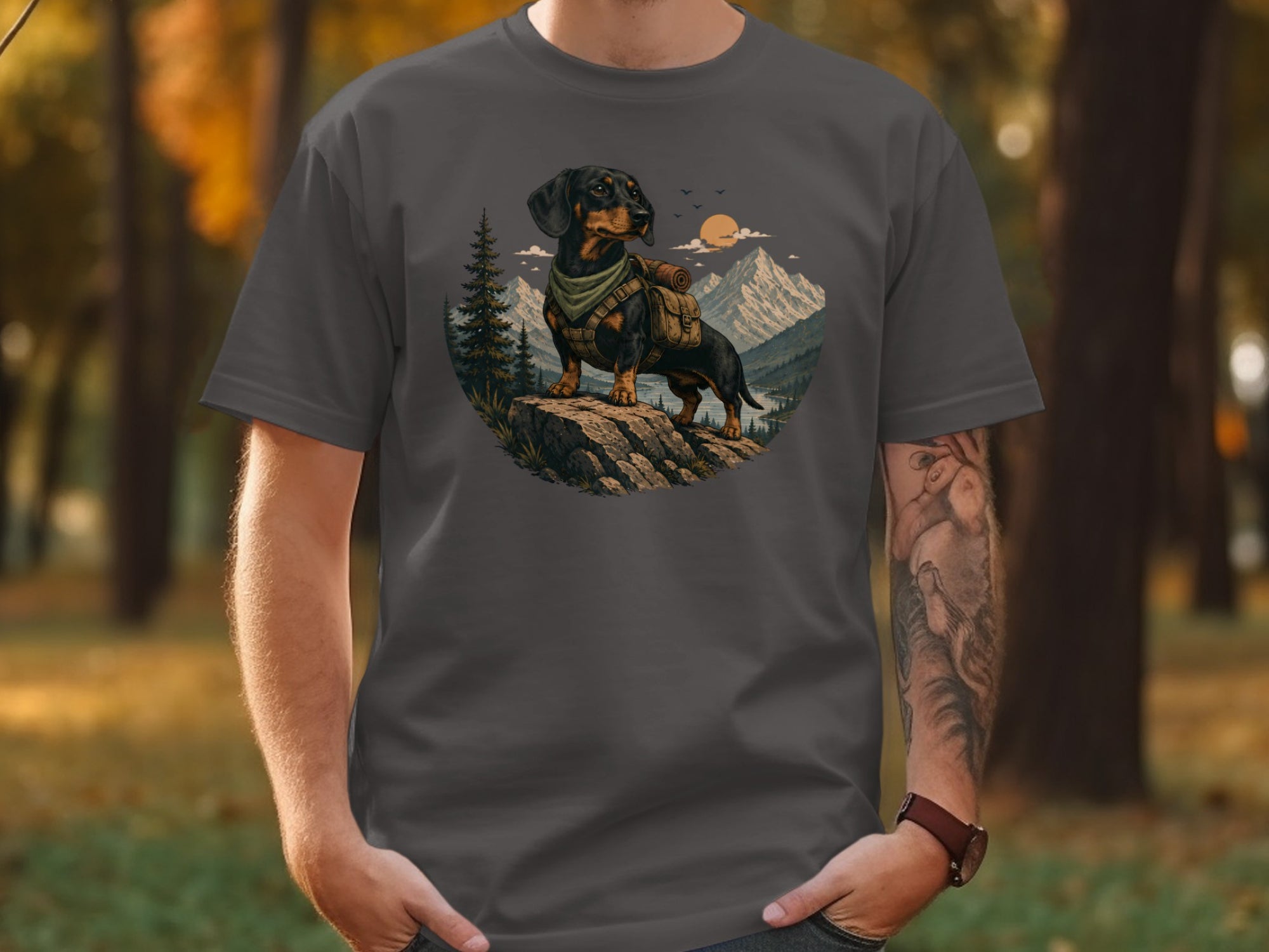Dachshund wearing backpack on rock with mountain, forest, and sun scene.