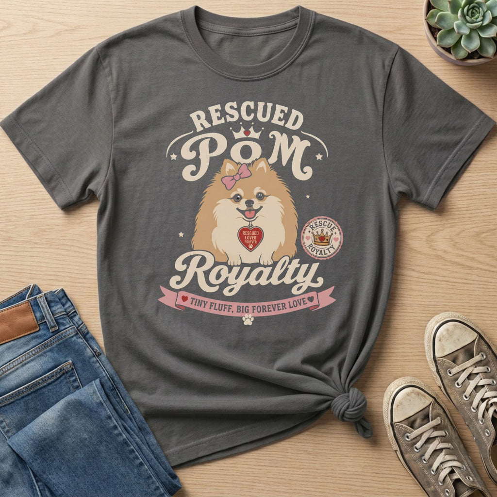 Rescued Pom Royalty graphic tee with a Pomeranian dog and text.