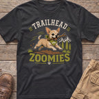 Chihuahua in bandana runs with stick, with "TRAILHEAD ZOOMIES" text.