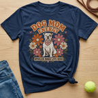 Navy t-shirt with bulldog illustration, flowers, and text "Dog Mom Energy Spoiled Dogs Live Here".